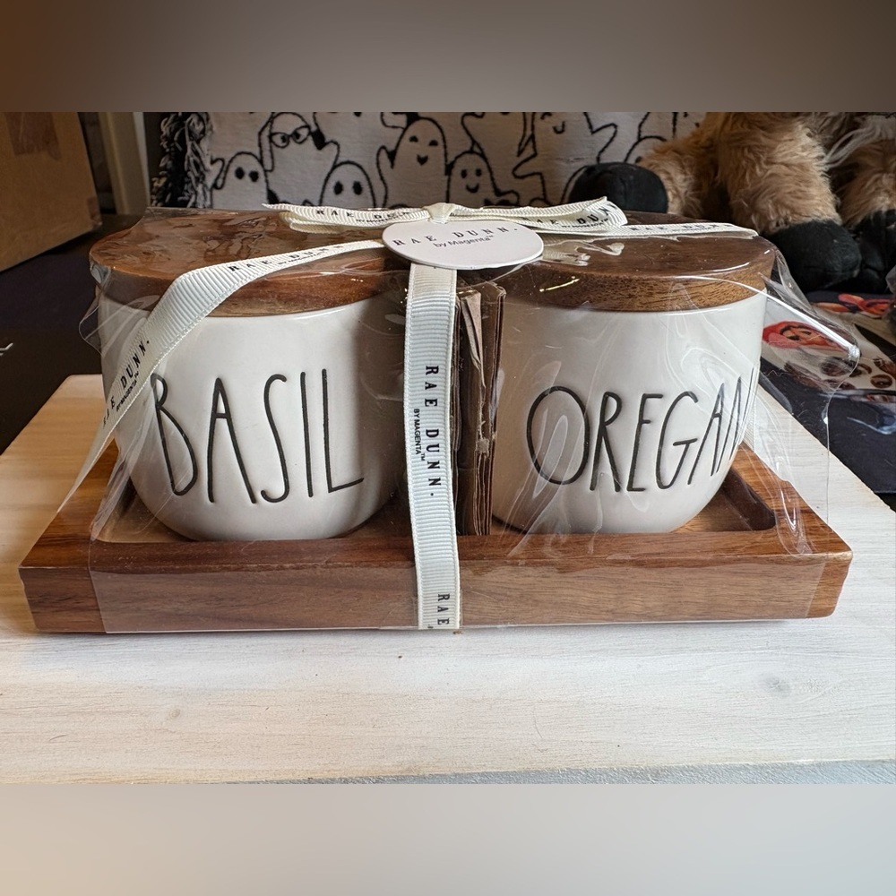 Rae Dunn White Herb Canisters with Wooden Lids